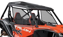 The one-piece roof section (with injection-moulded top) is designed with a built-in water gutter system that channels water away from the cabin to help keep the riders dry. Also, the roof air vents are designed so the Talon 1000X can be transported facing forwards or backwards on an open trailer.
